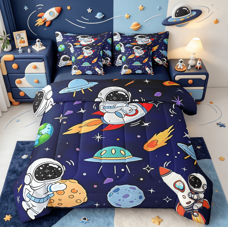 Erosebridal Cartoon Rocket Bed In A Bag Twin Size,Outer Space Planet Bed Set,Universe Astronaut Bedding Twin Size For Boys Kids,Lightweight Bedroom Decorative Reversible,7 Pieces