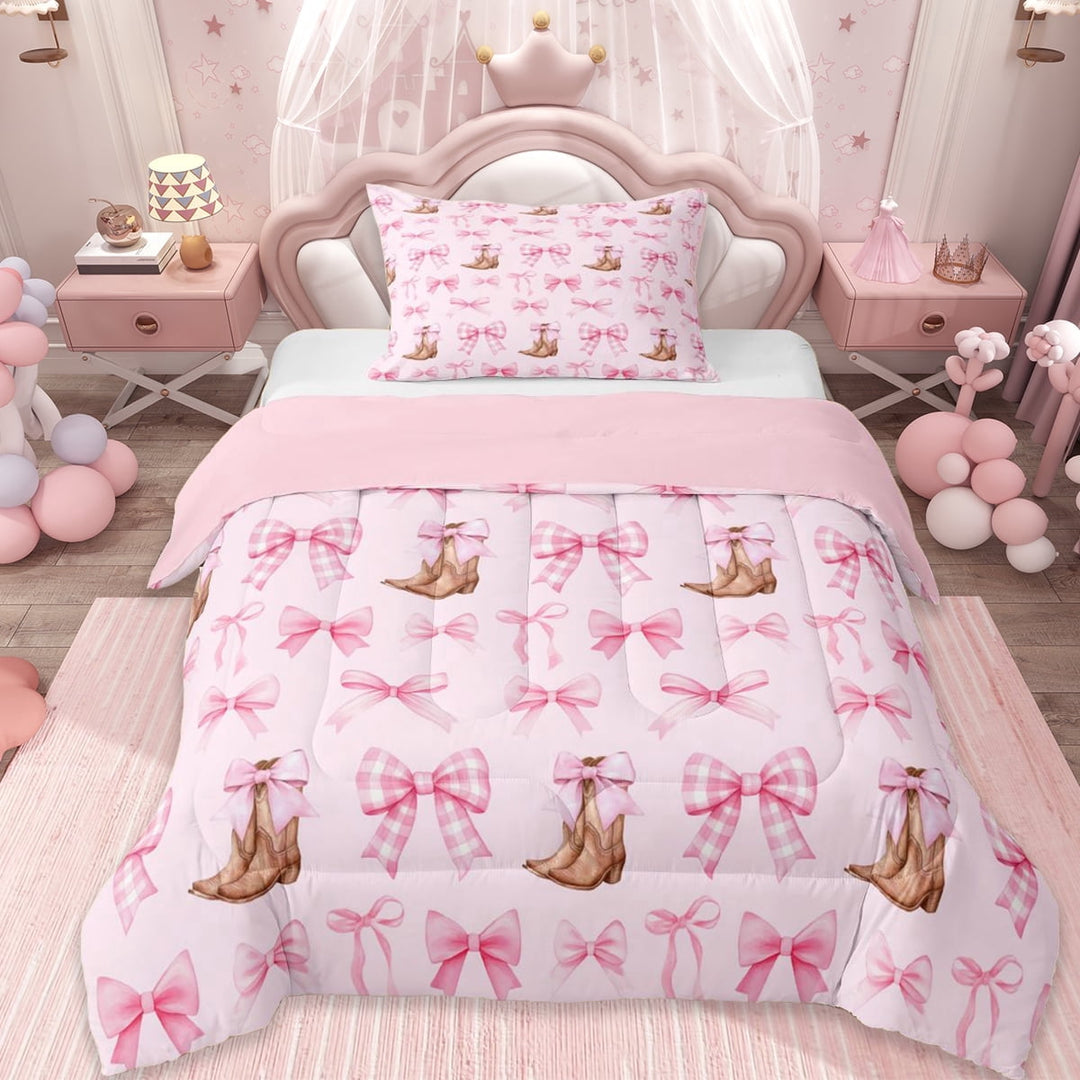 Erosebridal Cartoon Pink Bow Twin Comforter Sets For Bowtie Girl,Bowknot Bedding Set For Cowgirl, Reversible 2-Piece