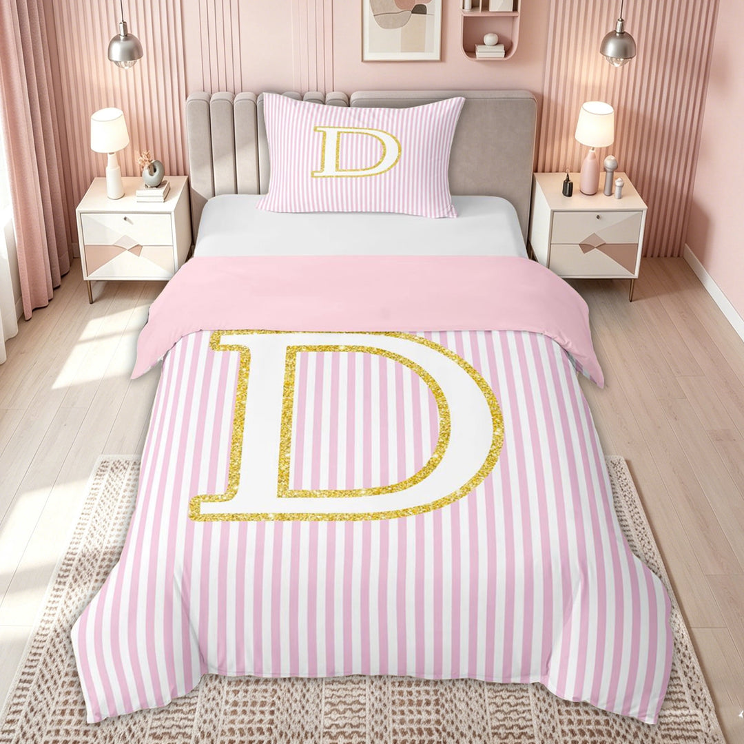 meiyoeat Preppy Letter D Bedding for Kids Girls Women, Gold Glitter Duvet Cover Full for Bedroom, Pink Reversible, 3pcs