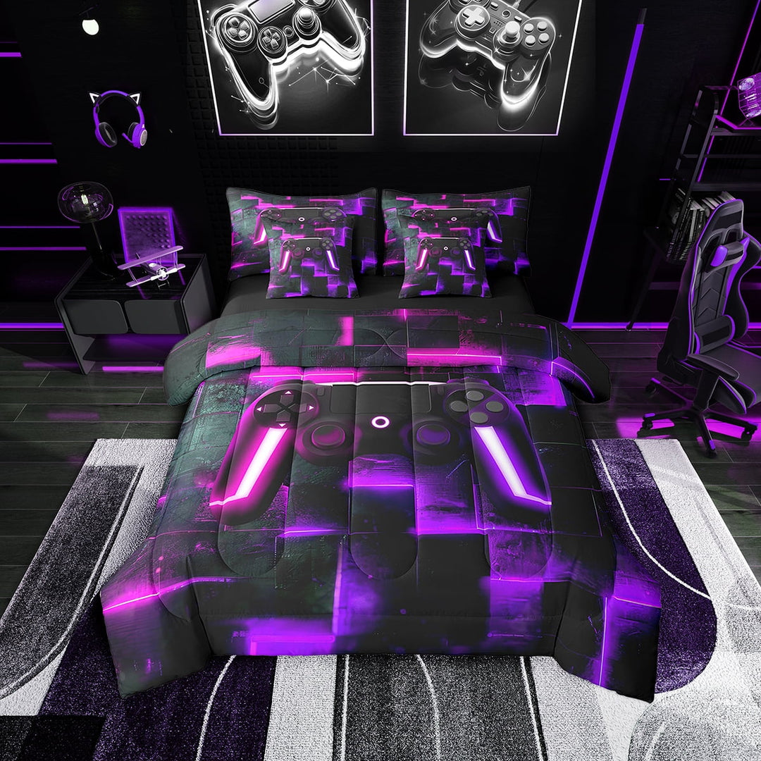 7-Piece Gamepad Bed in a Bag Gamer Bedding Set, Aesthetic Neon Futuristic Cubes Twin Size Comforter Set Video Game Gaming Bedding Comforter Sets, Black Hot Pink Purple Bed Set