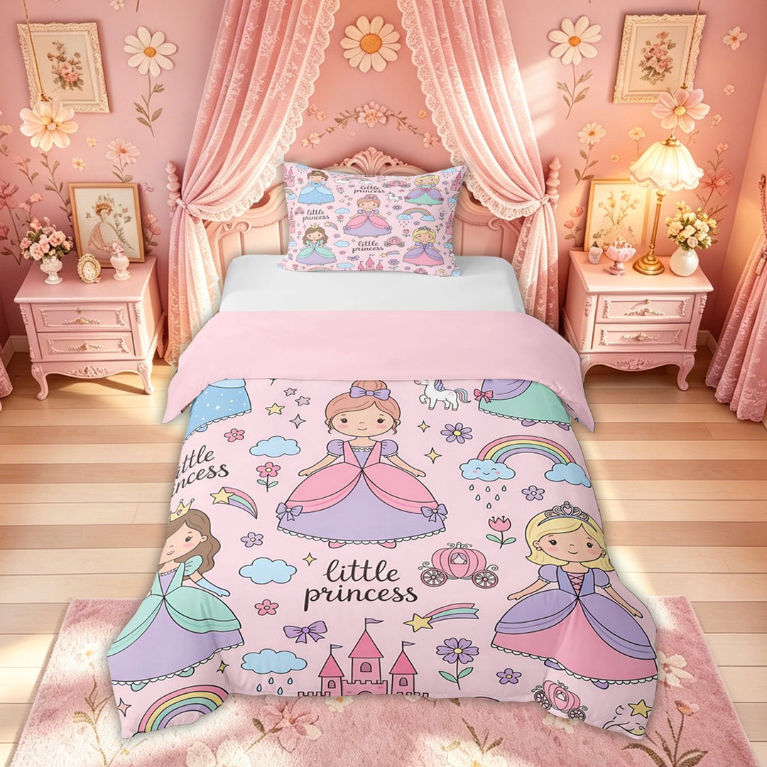 Meiyoeat Cute Princess Castle Rainbow Duvet Cover Set for Kids Girls, Girly Pink Cartoon Bedding Full, Pink Reversible, 1 Duvet Cover and 2 Pillowcases (No Comforter)