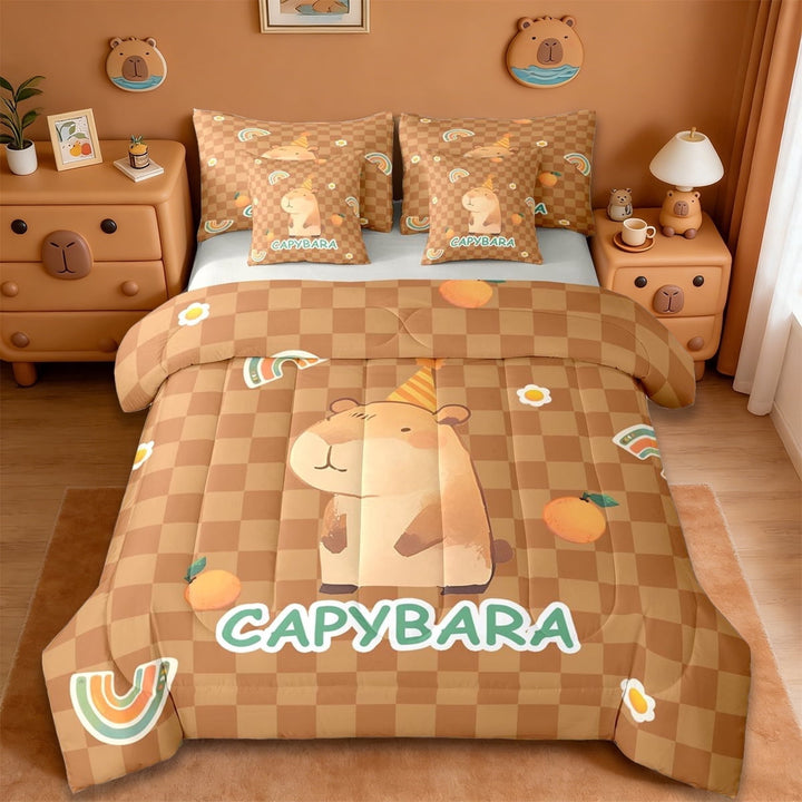 Erosebridal Cute Capybara 7-Piece Twin Bedding Sets,Brown Classic Geometric Plaid Bedding Comforter Set For Girls Kids ,Reversible Gray