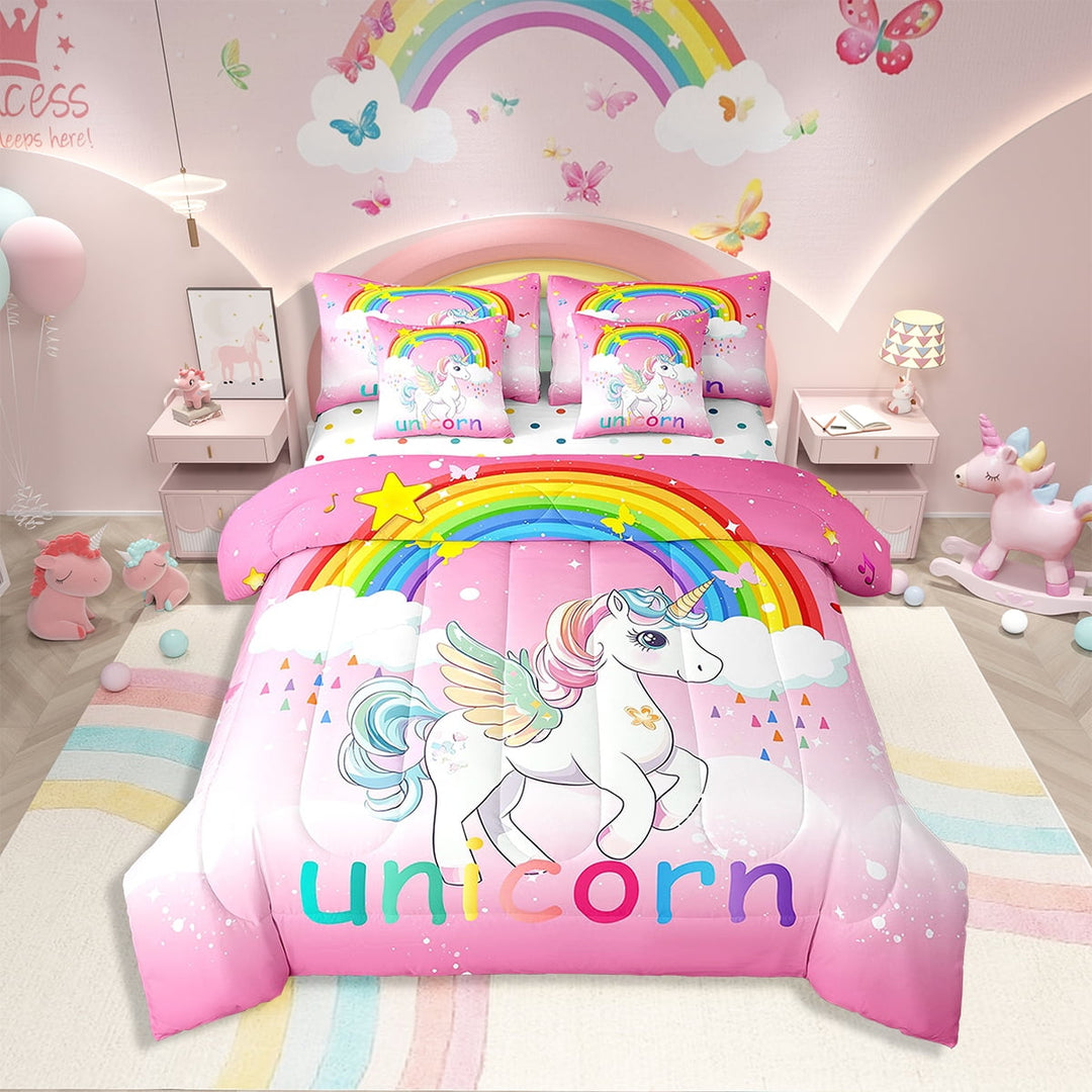 7 Pcs Comforter Set Twin Size, Kawaii Cute Unicorn Bed in a Bag with Flat Sheet and Fitted Sheet Teens Adult,Rainbow Unicorn Butterfly Bedding Set with Pillowcase and Sham