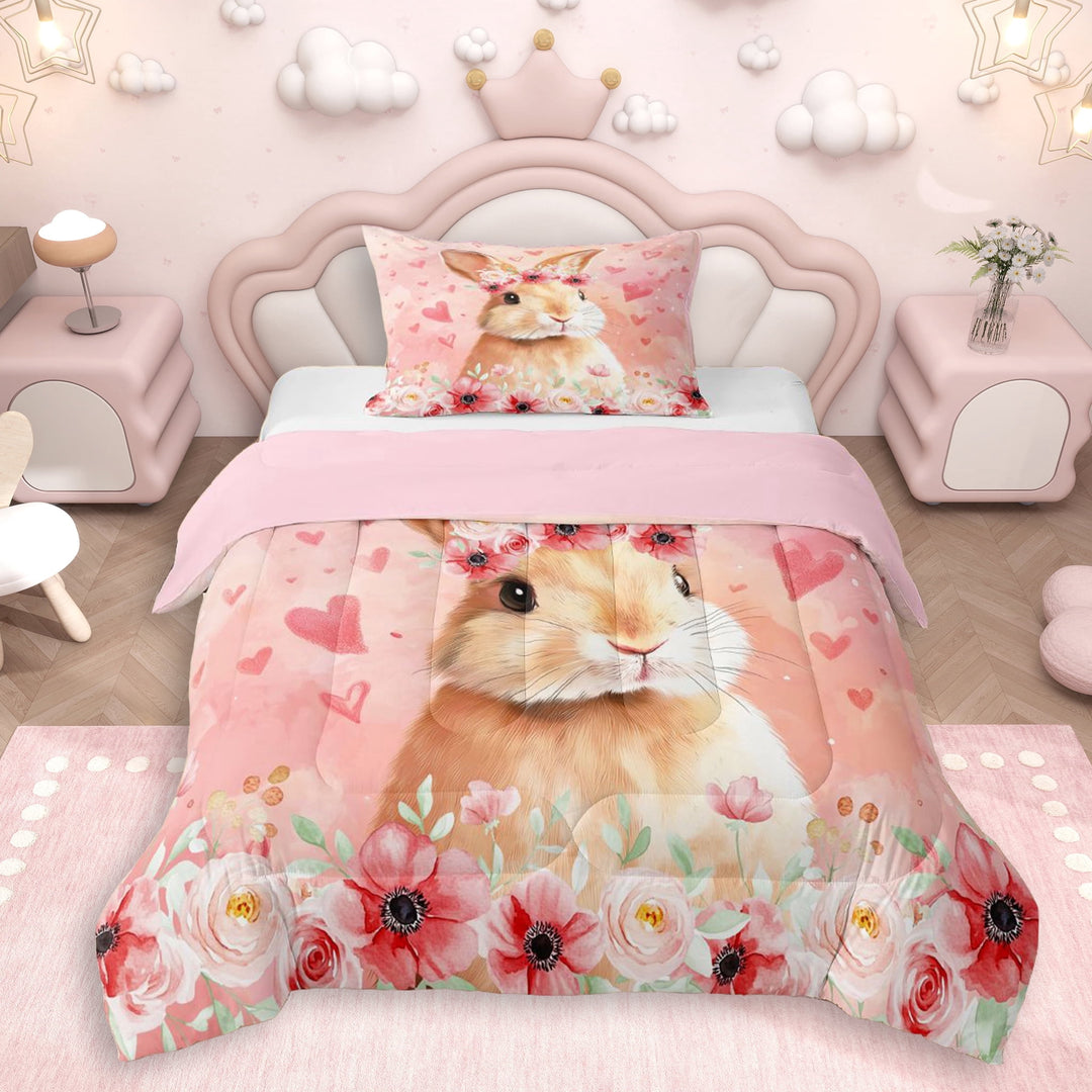 Erosebridal Kawaii Rabbit Twin Comforter Sets 3-Piece For Kids,Love Heart Flowers Bedding Set For Girls,Pink Reversible