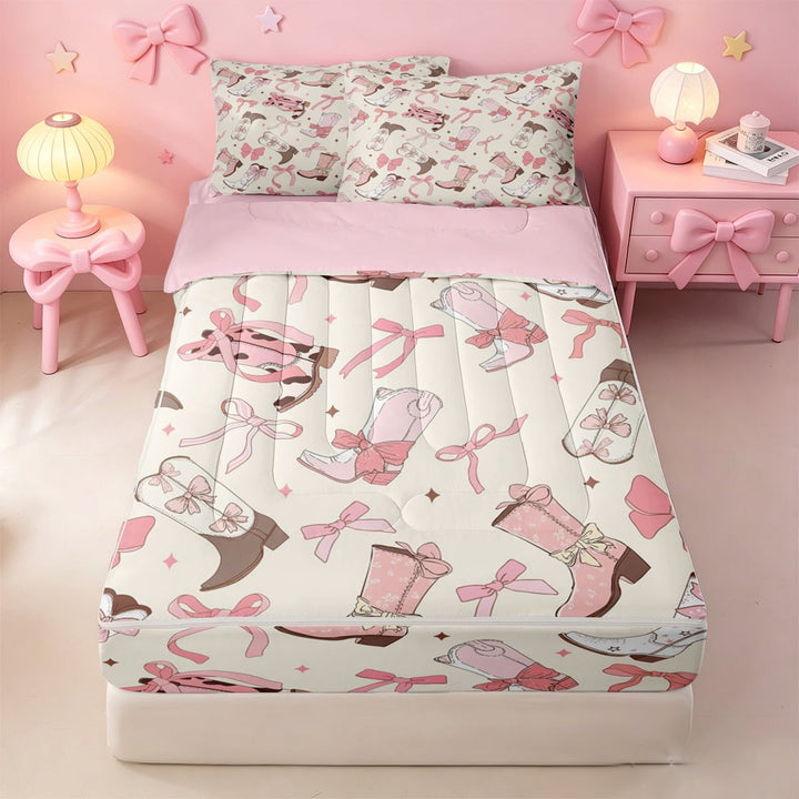 meiyoeat meiyoeat Sweet Cowgirl Boot Zipper Twin Comforter Sets with Fitted Sheet and 2 Pillowcases For Girls, Pastel Bow Pattern Zipper Bedding Set For Kids,Pink Reversible,4 Pieces