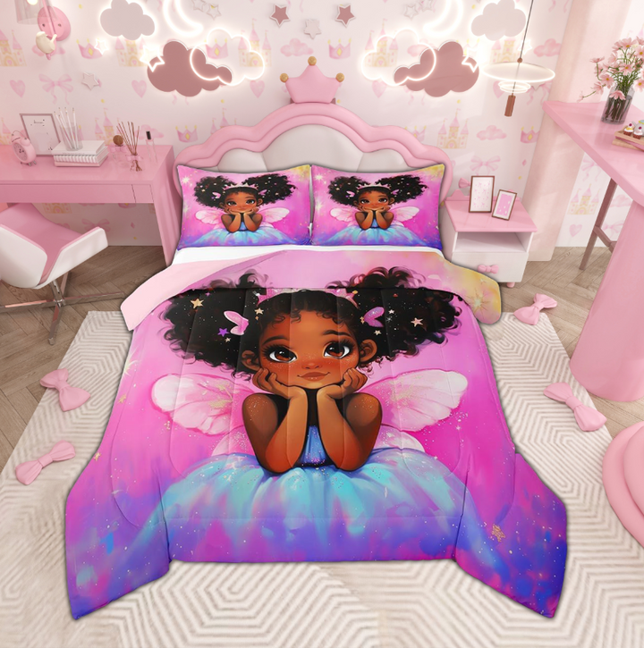 Manfei Kawaii Black Girl Twin Comforter Sets, Angel Princess Bedding Set