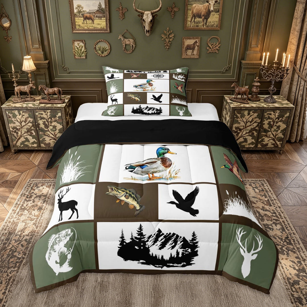 meiyoeat Outdoor Hunting Wildlife Full Size Comforter Sets for Men Boys, Vintage Rustic Cabin Patchwork Bedding Comforter Set, Olive Drab, Black Reversible, 3pcs, 1 Comforter and 2 Pillowcases