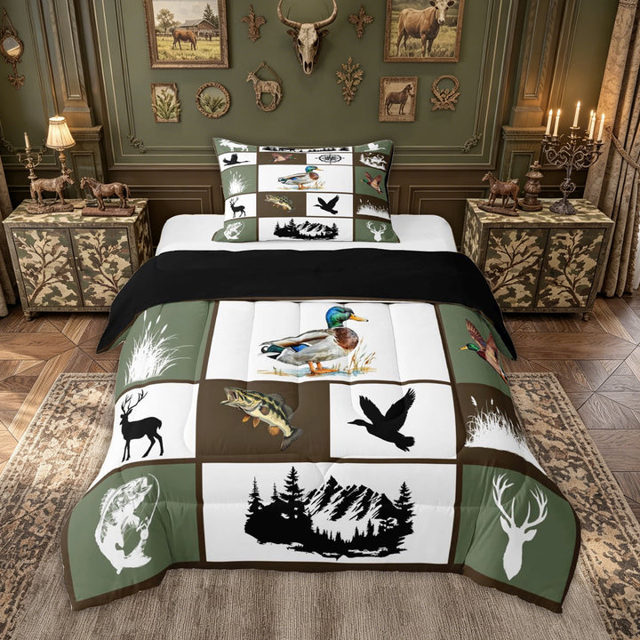 meiyoeat Outdoor Hunting Wildlife Full Size Comforter Sets for Men Boys, Vintage Rustic Cabin Patchwork Bedding Comforter Set, Olive Drab, Black Reversible, 3pcs, 1 Comforter and 2 Pillowcases