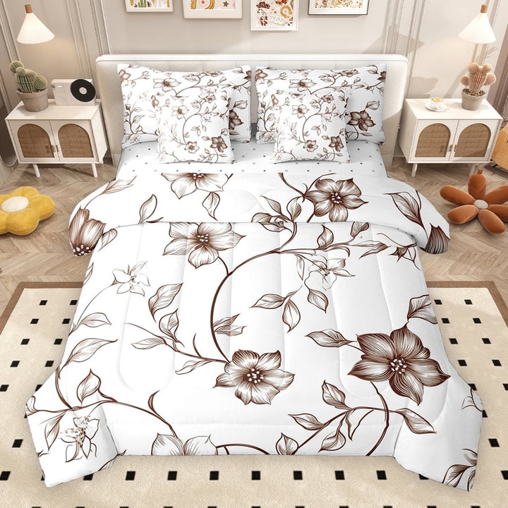 Erosebridal Retro Flower Bedding Comforter Set for Girls Women, Brown Floral Queen Bedding Sets, Reversible, 7-Piece