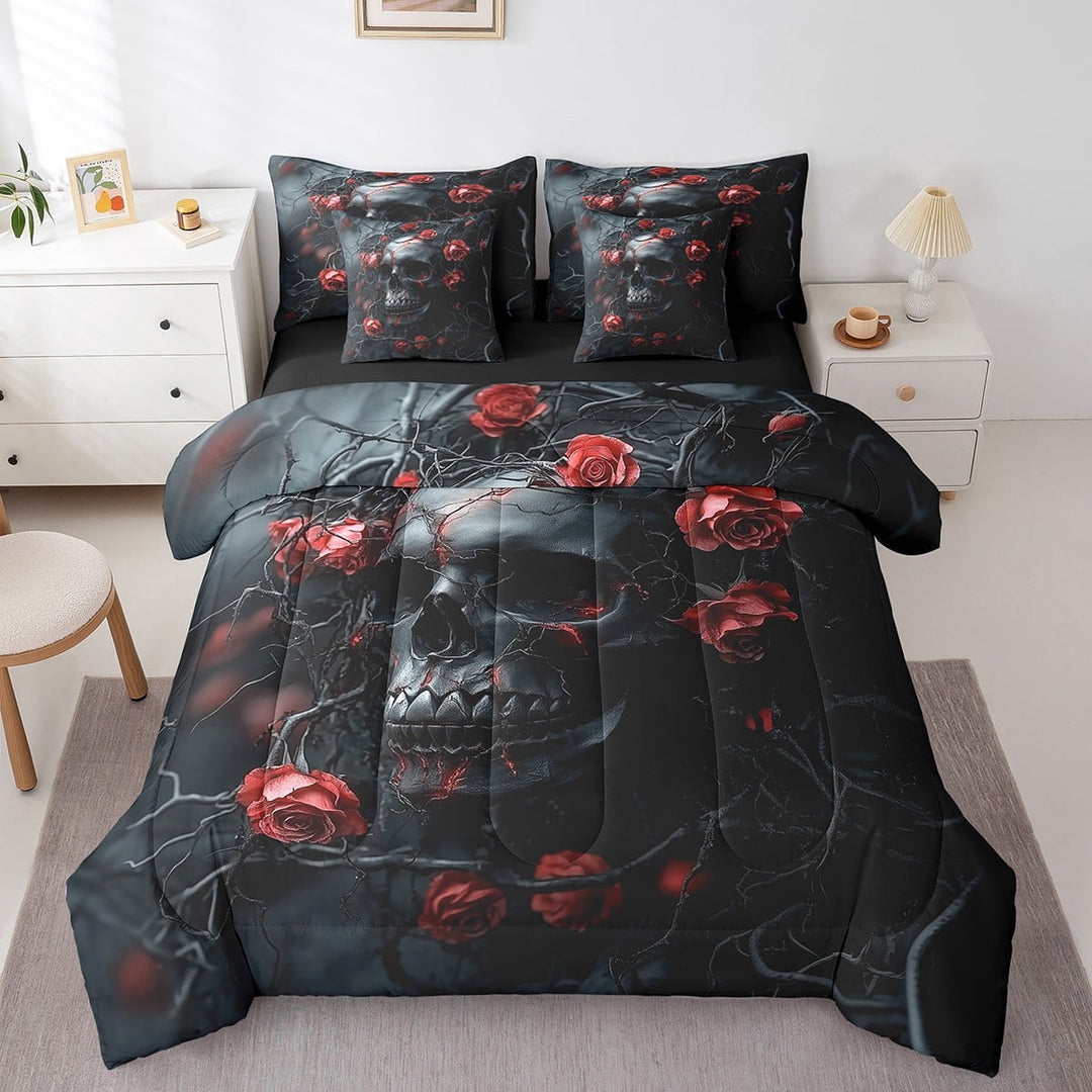 Erosebridal Sugar Skull Comforter Set with Sheets Rose Gothic Skull 7 Piece Bedding Set Queen Size Valentine&