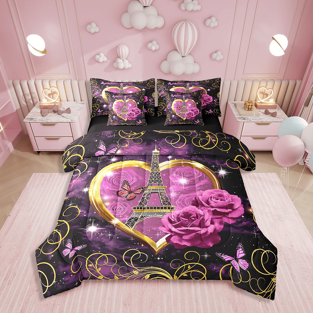 Eiffel Tower Bed in a Bag Queen Comforter Set 7 Piece,Pink Rose Bedding Sets,Romantic France Sheet Set with Comforter City Building of Paris Bed Set,Galaxy Flowers Butterfly Room Decor Aesthetic