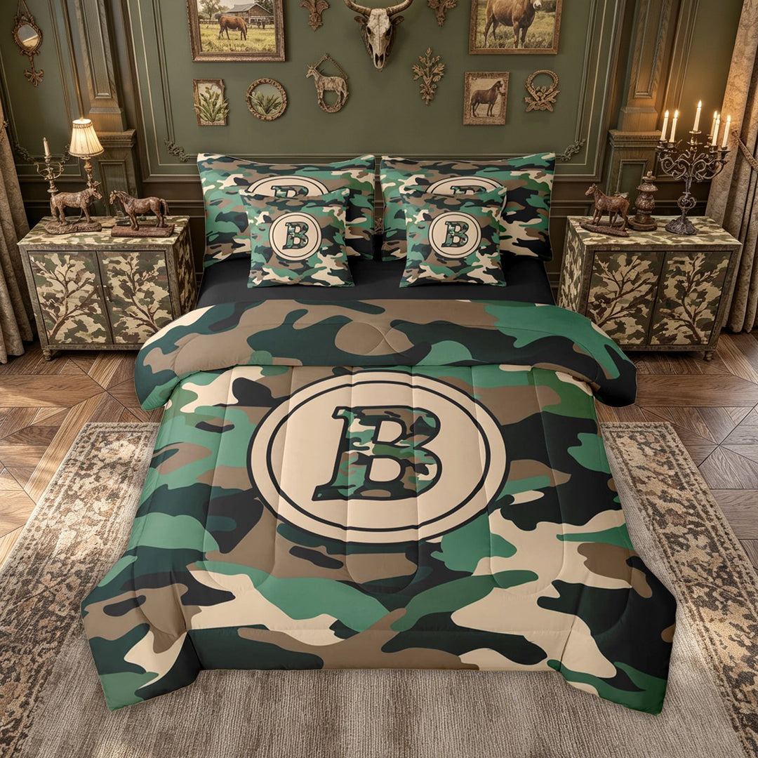 meiyoeat Camo Letter B Full Size Bedding Sets for Men Boys, Farmhouse Camouflage Full Size Bed in a Bag, Green, Black Reversible, 7 Pieces