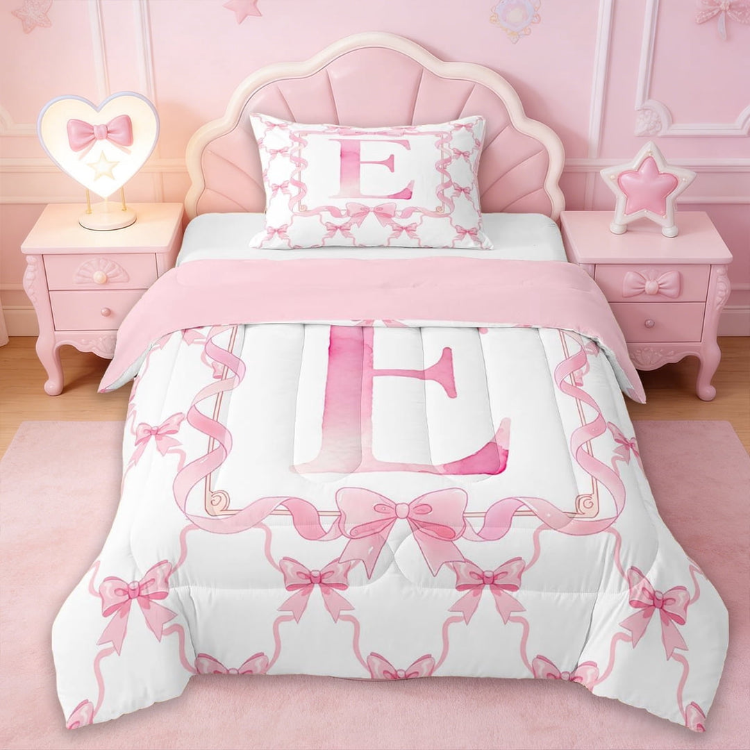 Erosebridal Dreamy Princess Bowknot Kids Twin Comforter Sets,Pink Letter E Print Bedding Set For Kids,Reversible pink,2 Pieces