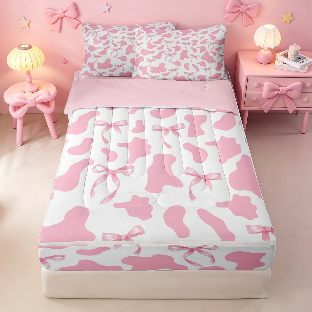 meiyoeat Pink Cow Print Zipper Full Size Comforter Sets With Fitted Sheet And 2 Pillowcases,Kawaii Bow Zipper Bedding Set For Girl,Reversible,4 Pieces