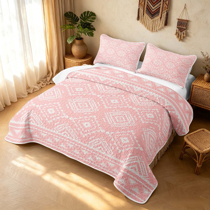 Erosebridal Southwestern Aztec Twin Quilt Set, Retro Stripe Twin Coverlet Set, Blush Pink Ivory 2-Piece, 1 Bedspread and 1 Pillowcase