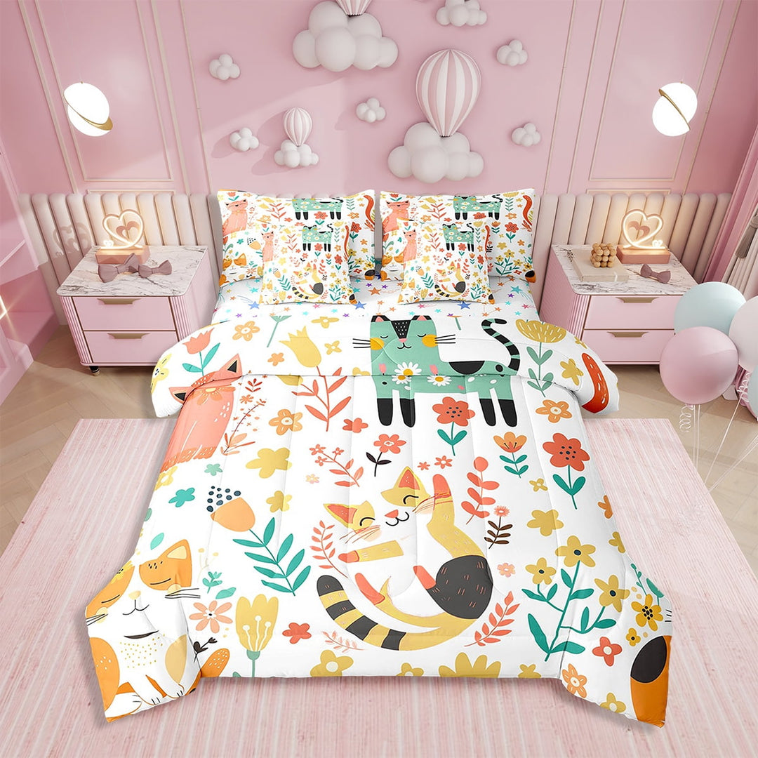 Erosebridal Cat Bedding Set Twin Size Cat Flower Comforter Set With Sheets7 piece Cats Leaf Print Bed in a Bag for Cute Kitten Green Yellow Bed Set with Comforter,Sheets,Pillowcases