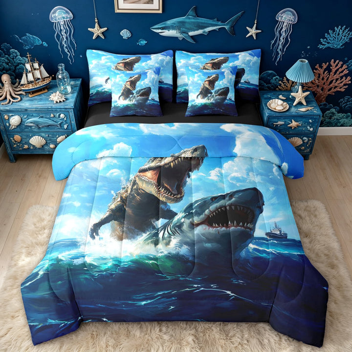 meiyoeat Ocean Sea Dinosaur Shark Full Size Bedding Sets for Boys Men, Prehistoric Sea Full Size Bed in a Bag, Blue, Black Reversible, 7pcs