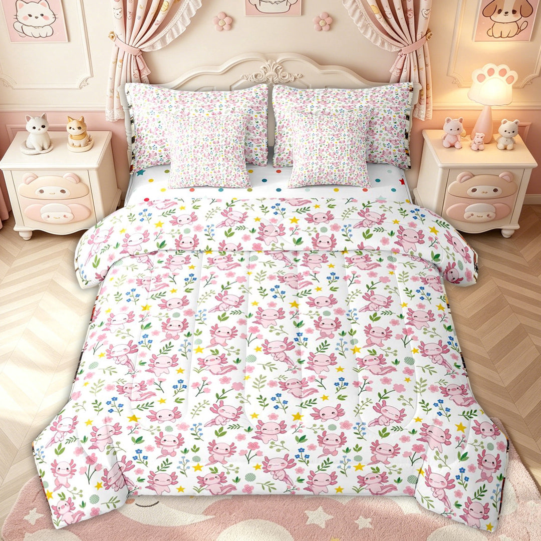meiyoeat Pink Axolotl Full Size Bedding Sets for Kids, Floral Salamander Full Size Bed in a Bag for Bedroom, Pink White, Polkadot Reversible, 7 Pieces