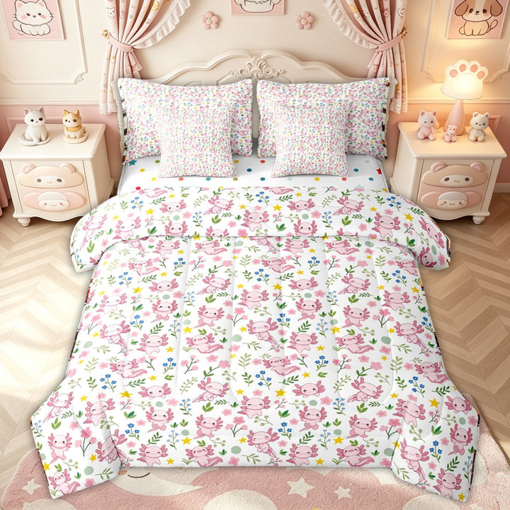 meiyoeat Pink Axolotl Full Size Bedding Sets for Kids, Floral Salamander Full Size Bed in a Bag for Bedroom, Pink White, Polkadot Reversible, 7 Pieces