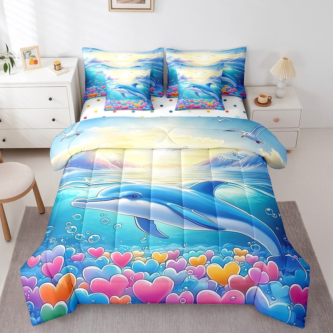 Erosebridal Cartoon Blue Dolphin Bedding Twin Size, Love Heart Bedding Sets Twin Size, Sealife Animal Decor, Reversible 7pcs