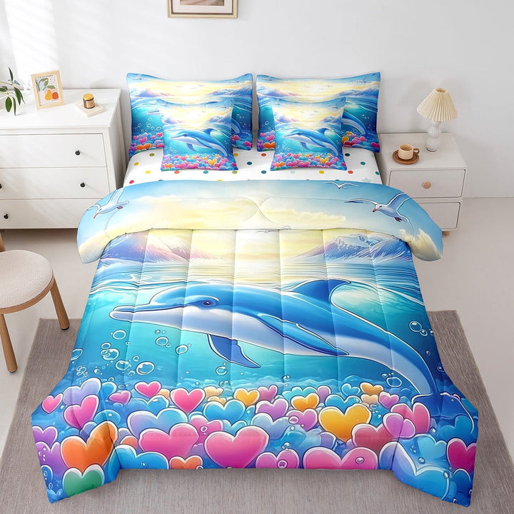 Erosebridal Cartoon Blue Dolphin Bedding Twin Size, Love Heart Bedding Sets Twin Size, Sealife Animal Decor, Reversible 7pcs