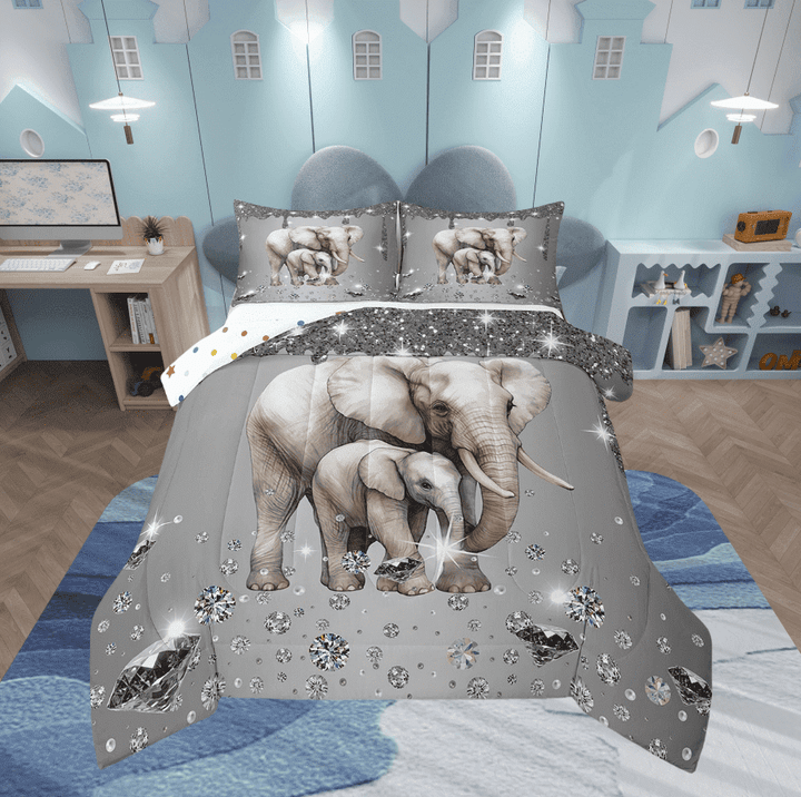 Elephant Comforter Set Sliver Sequin Fluid Art Twin Bedding Sets,Crystal Diamond Bed Set Safari Animals Duvet Insert,Jungle Wildlife Room Decor