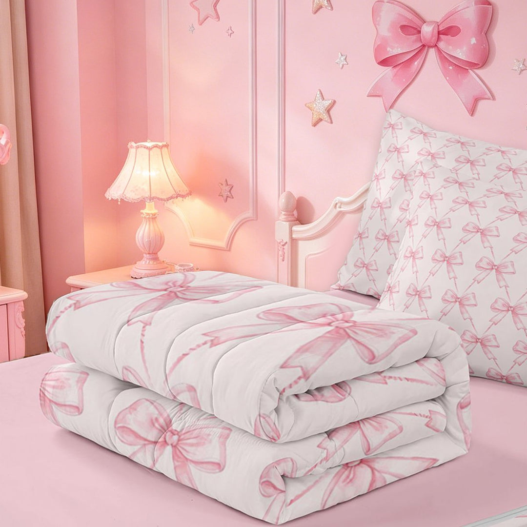 meiyoeat Pink Coquette Bows Zipper Twin Comforter Sets with Fitted Sheet and 2 Pillowcases For Girls,Dreamy Princess Bowknot Zipper Bedding Set For Kids,Pink Reversible,4-Piece