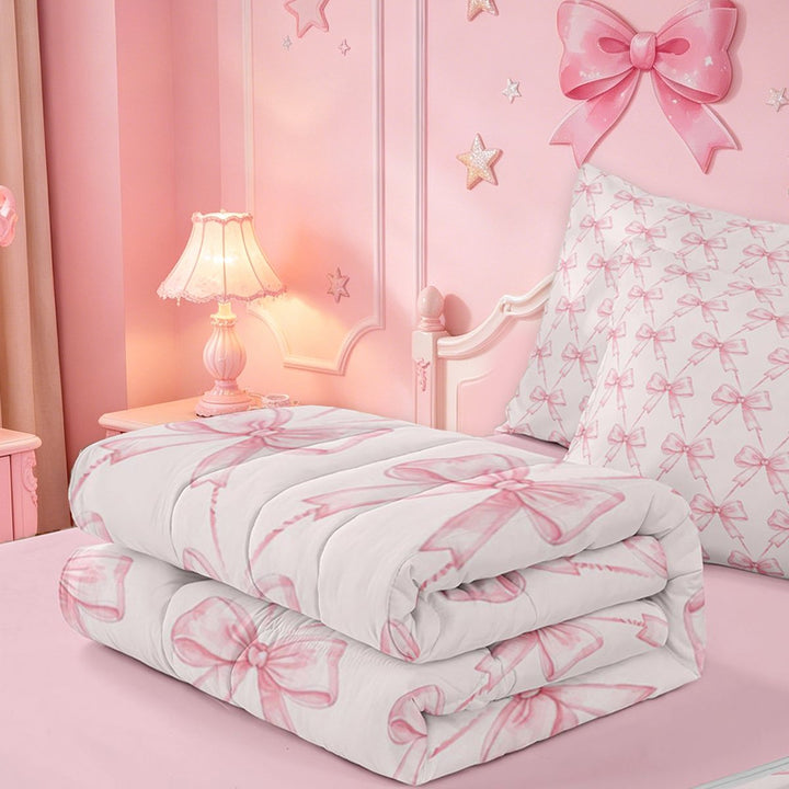 meiyoeat Pink Coquette Bows Zipper Twin Comforter Sets with Fitted Sheet and 2 Pillowcases For Girls,Dreamy Princess Bowknot Zipper Bedding Set For Kids,Pink Reversible,4-Piece