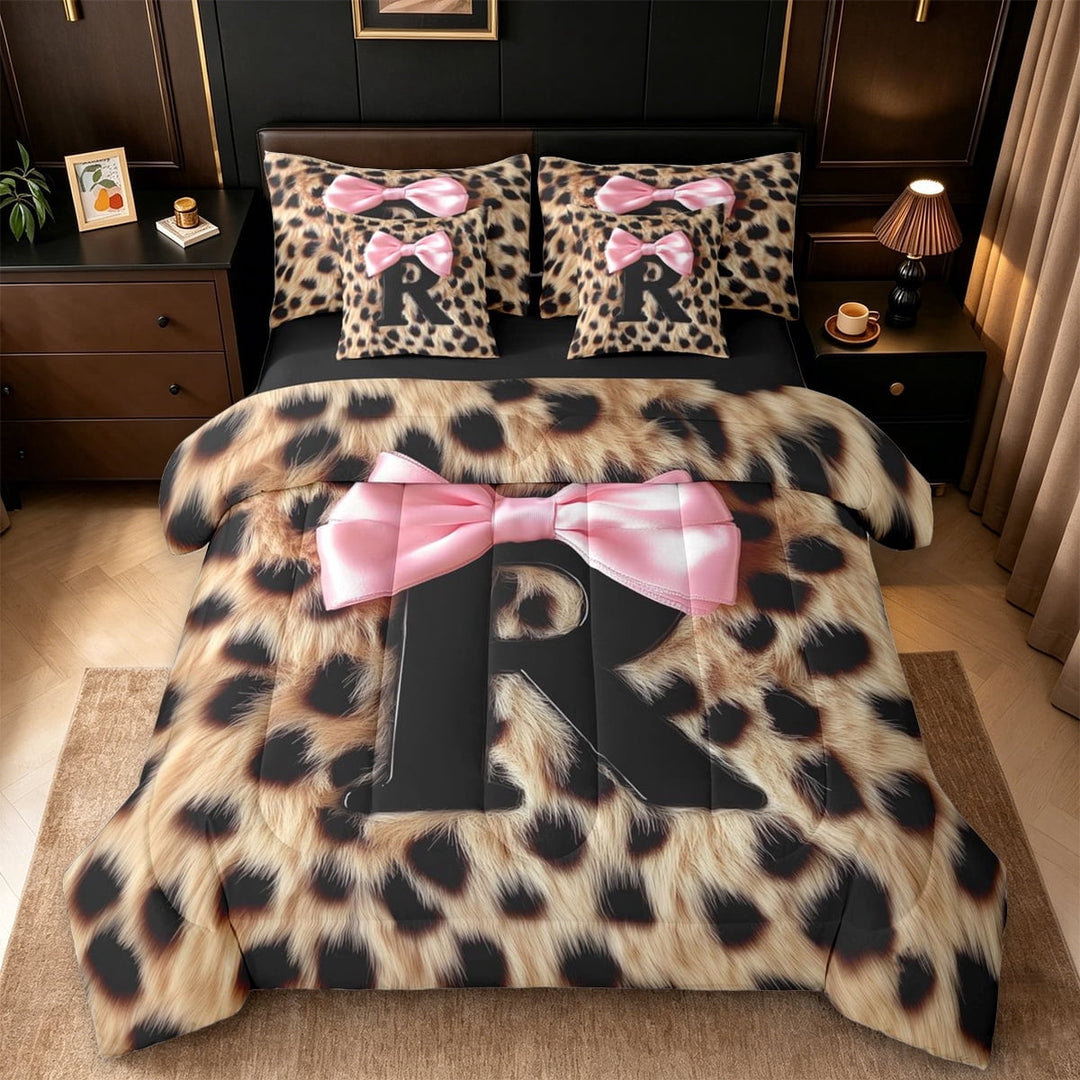 Erosebridal Chic Leopard Pattern 7-Piece Twin Bedding Sets For Cheetah Lover,Letter R Initial Print Bedding Comforter Set For Girls Kids,Black Reversible