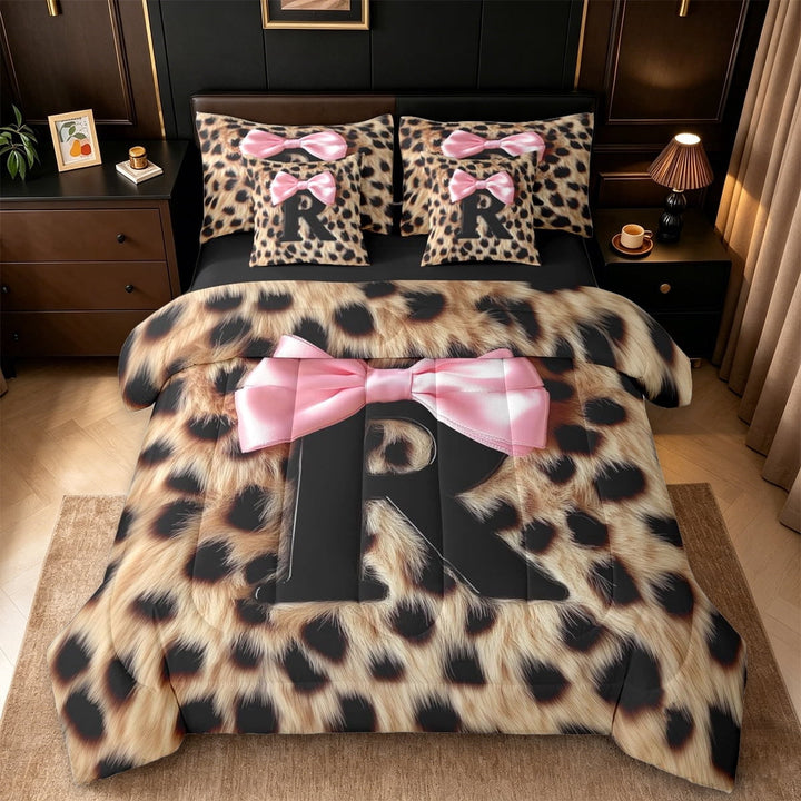 Erosebridal Chic Leopard Pattern 7-Piece Twin Bedding Sets For Cheetah Lover,Letter R Initial Print Bedding Comforter Set For Girls Kids,Black Reversible