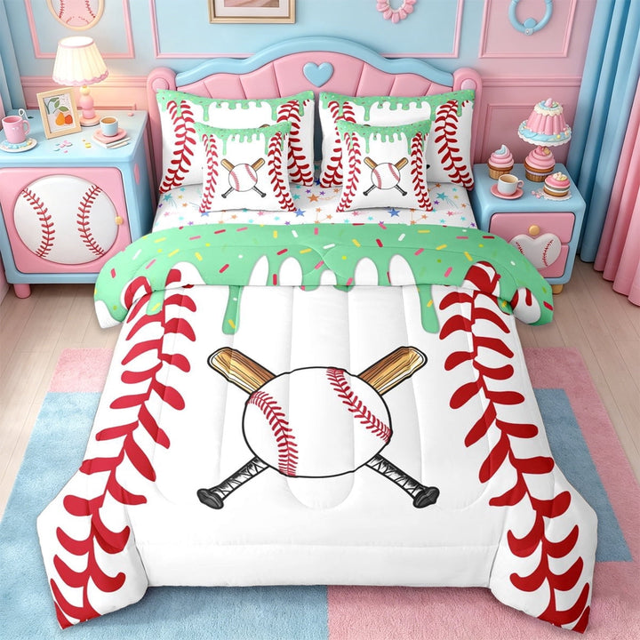 Erosebridal Kids Ice Cream Drip 7 Pieces Bedding Comforter Set,Baseball Sport Full Bedding Set For Boys Men,Reversible