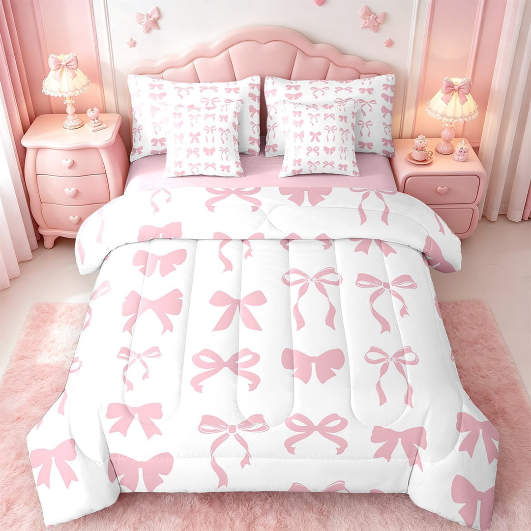 Manfei Cute Bowknot Bed in a Bag Queen Size,Ribbon Bow Bed Set,Pink White Bedding Queen Size For Girls,Super Cozy Bedroom Decor Reversible,7 Pieces