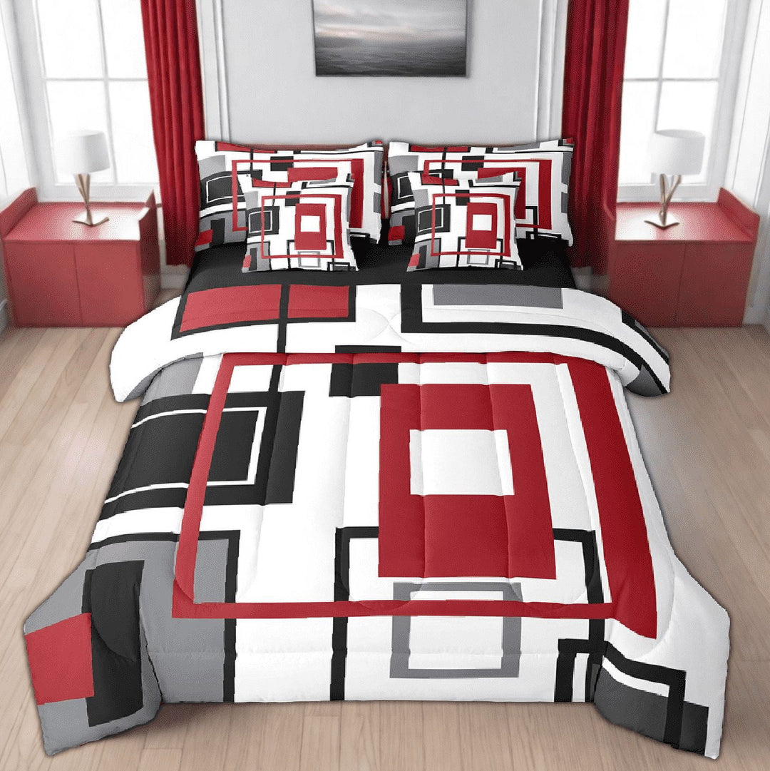 Erosebridal Red Black White Grey Bedding Set Queen Teen,Geometric Square Comforter Set With Sheets Geometry Striped 7 Piece Bed In A Bag Modern Abstract Bed Set Farmhouse Bedding