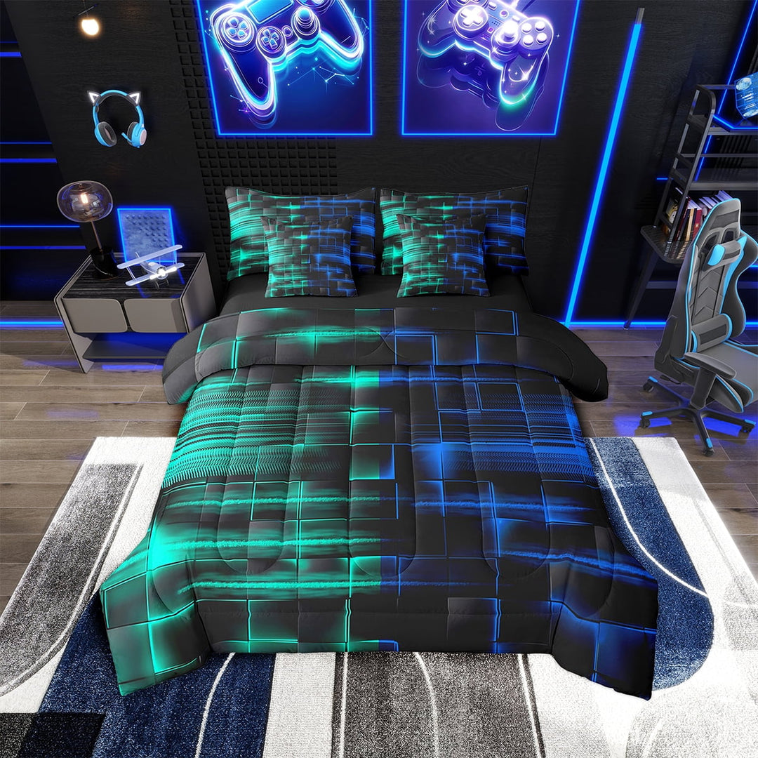Erosebridal Blue and TealGreen Comforter Set With Sheets7 piece Twin Size Geometric Bed in a Bag Geometry Strip Lines Bedding Set Abstract Art Bed Set with Comforter,Sheets