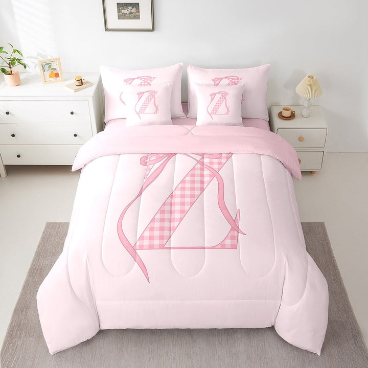 Erosebridal Initial A to Z Bedding Sets Twin Size, Bowknot Z Comforter Sets with Sheets, Cartoon Monogrammed Decor, Reversible 7pcs