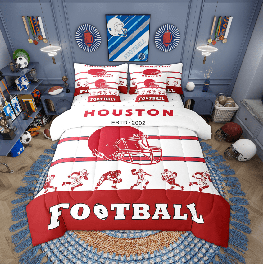 7 Pieces Bed in a Bag Twin Comforter Set with Sheets, Football Design Bedding Sets for All Season,1 Comforter, 2 Pillow Shams, 1 Flat Sheet, 1 Fitted Sheet, 2 Pillowcases(Houston)