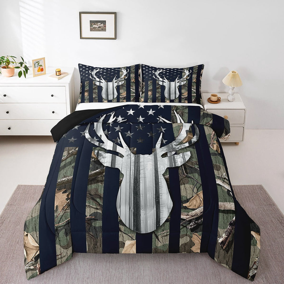 Camouflage Usa Flag Quilt Set Twin Size,Green Camo Grey Deer Antlers And Trees Print Natural Comforter Set Teens Xmas Gift,American Flag Ultra Soft Bedding Set With 1 Pillowcase