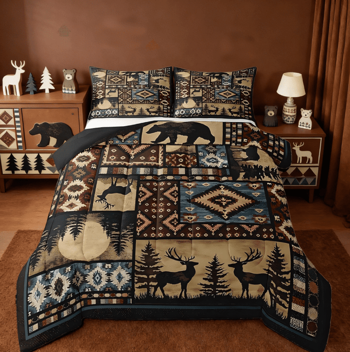 Manfei Rustic Bear Twin Comforter Sets,Buffalo Plaid Grid Hunting Deer Farmhouse Cabin Retro Southwest Aztec Tribal Bedding Set Reversible 2-Piece