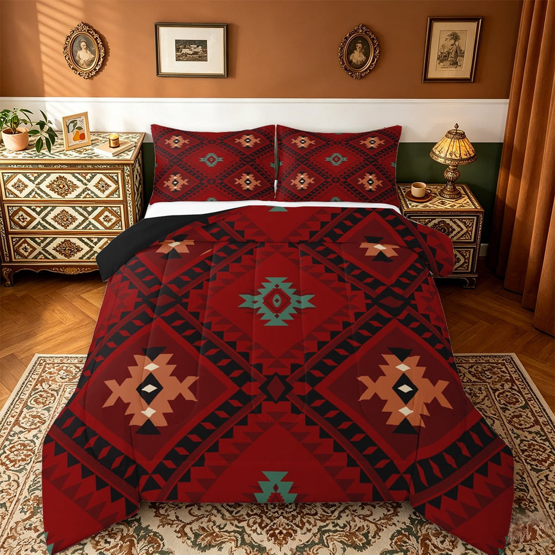 jejeloiu Ancient Bohemian Aztec Queen Comforter Set,Boho Exotic Style Bedding Sets,Vintage Rhombus Print Bedding Comforter Set For Men Women,Breathable Home Decor Reversible,3-Piece