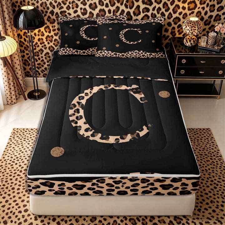 Meiyoeat Stylish Leopard Letter C Zipper Twin Comforter Sets with Fitted Sheet and 2 Pillowcases for Women Adults, Modern Polka Dot Zipper Bedding Set, Black Beige Brown,4-Piece,Black Reversible