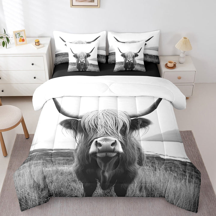 Highland Cow 7Pcs Bed In A Bag 3D Bull Cattle Bed Set Queen,Wildlife Farmhouse Bedding Set with Comforter Western Rustic Animal Cushion Covers Grey White Sheet Set for Adults