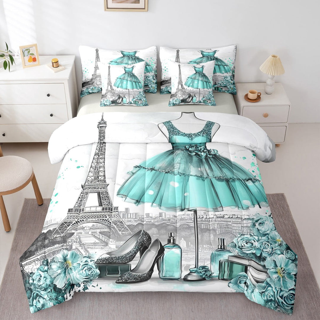 Fashion Woman Dress Bed in a Bag 7 Piece Modern Bedding Sets Queen Eiffel Tower Comforter Set with Sheets Teal Dress Perfume Print Bed Set Romantic Makeup Themed Sheets