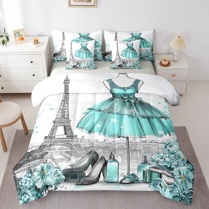 Fashion Woman Dress Bed in a Bag 7 Piece Modern Bedding Sets Queen Eiffel Tower Comforter Set with Sheets Teal Dress Perfume Print Bed Set Romantic Makeup Themed Sheets