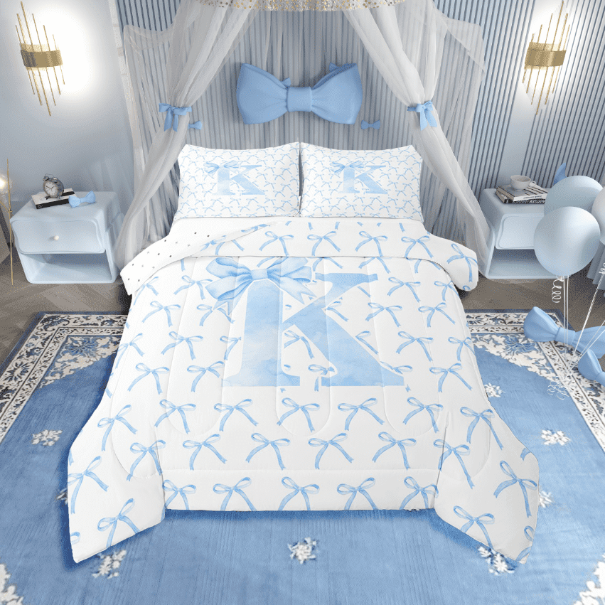 Erosebridal Monogrammed Bow Tie Bedding Twin Comforter Set,Dreamy Princess Down Comforter,Letter Bedroom Decor,Reversible,Lightweight,2-Piece