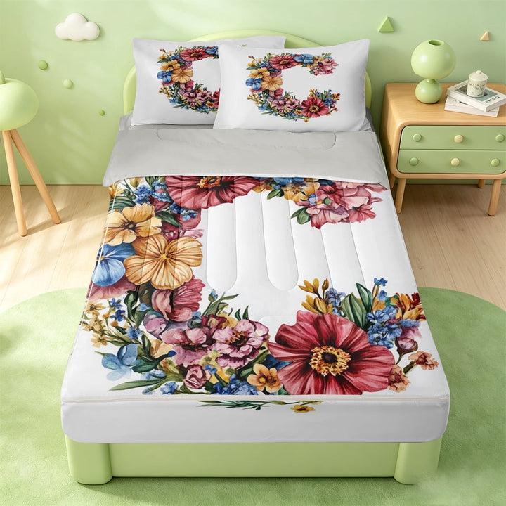 meiyoeat Watercolor Bloom Floral Zipper Twin Comforter Sets with Fitted Sheet and 2 Pillowcases For Girls,Personalized Monogram C Zipper Bedding Set,Light Gray Reversible,4 Pieces