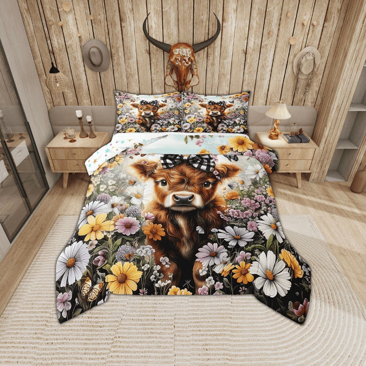 Erosebridal Cute Highland Cow Bedding Sets Twin with Comforter, Colorful Garden Flower Duvet Insert, Reversible 2 Pieces