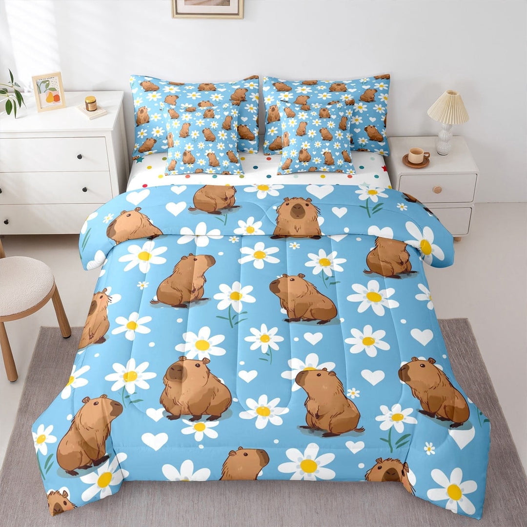 jejeloiu Cute Capibara Twin Bedding Sets 7-Piece,Rustic Flower Daisy Bedding Comforter Set,Brown Blue White Sheet Sets For Child,Microfiber Bedroom Decor Reversible