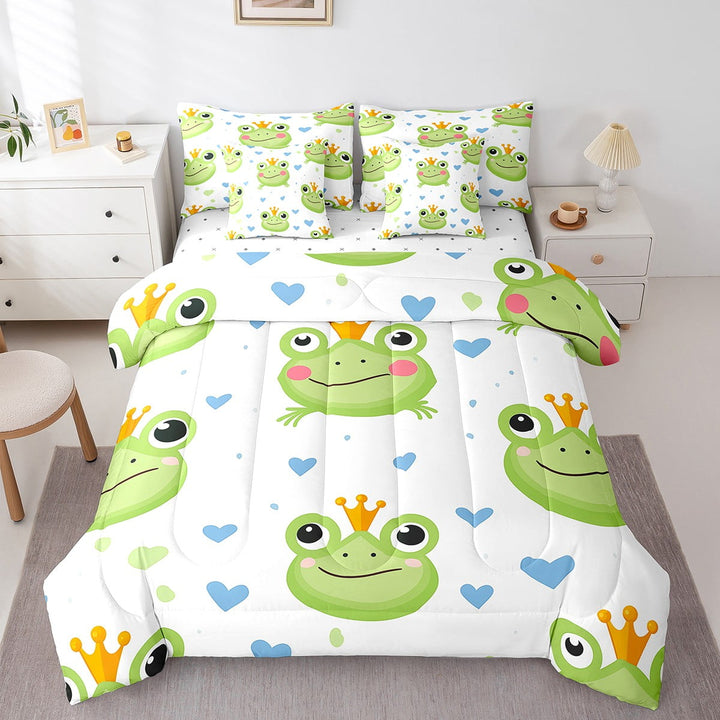 Funny Frog Bedding Comforter Sets 7pcs for Kids Cartoon Animals Bed in a Bag Kawaii Blue Heart King Bedding Sets Gold Crown Comforter Set White Green Blue Bedding Sets &amp; Collections Lightweight