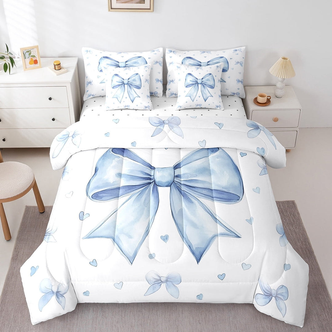 Erosebridal Cute Blue Bowknot Bed In A Bag With Sheets Girls,Kawaii Dreamy Bow Full Comforter Set 7 Piece Princess Blue White Heart Decor Bedding Set Soft Sheet Set With Comforter