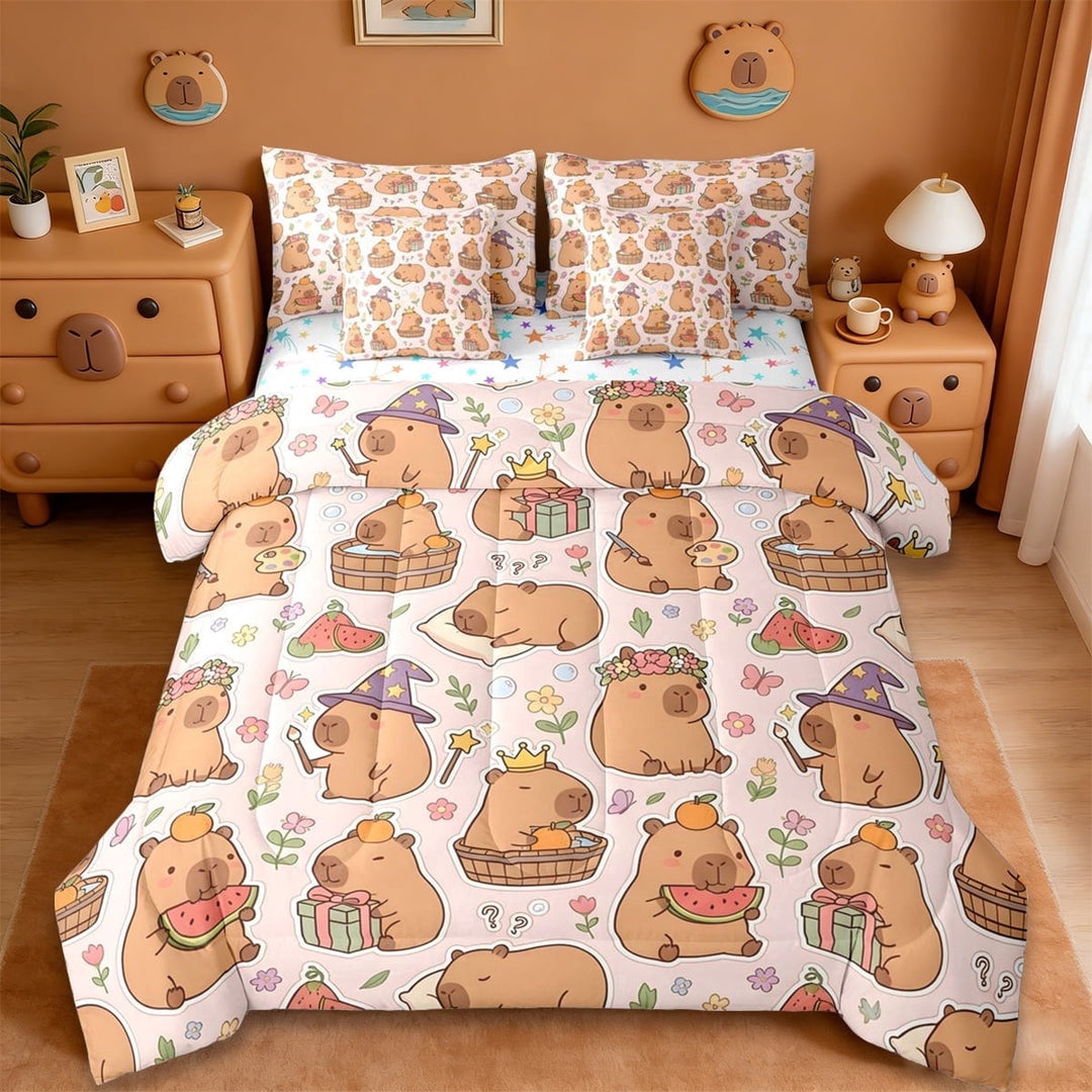 Erosebridal Kawaii Flowers Blossom 7-Piece Twin Bedding Sets,Cute Animal Cartoon Capybara Bedding Comforter Set For Kids Reversible